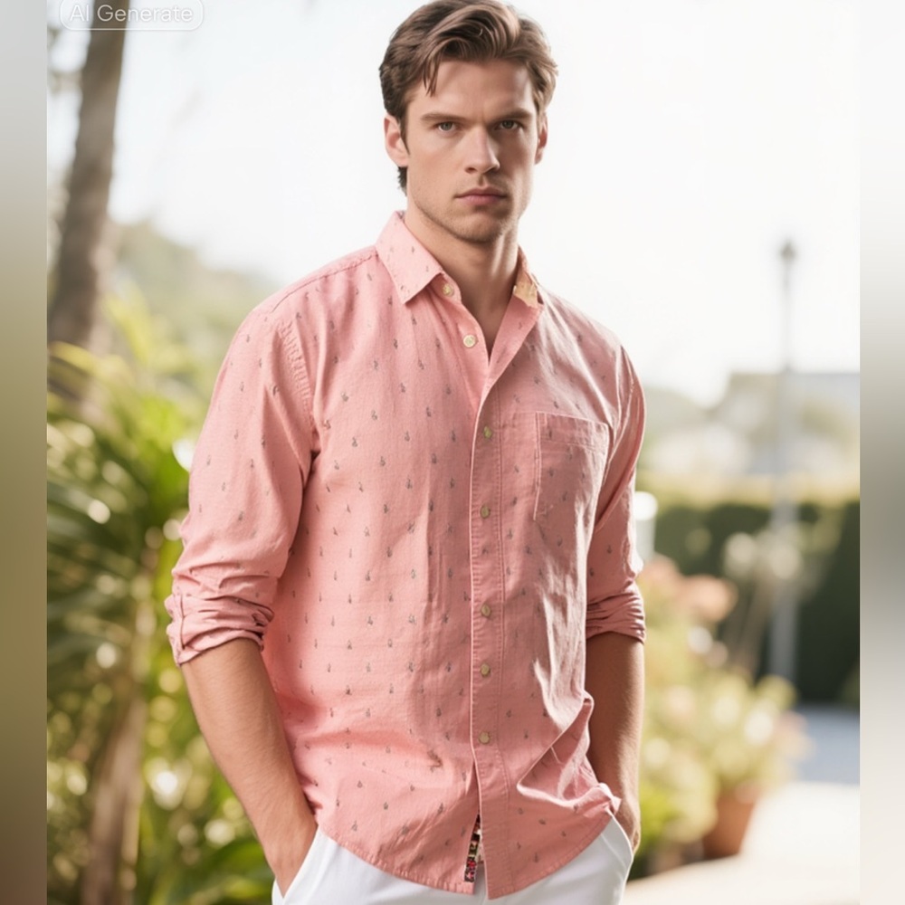 IZOD Saltwater Button Down Shirt Mens Medium Pink Print Cotton Casual Preppy